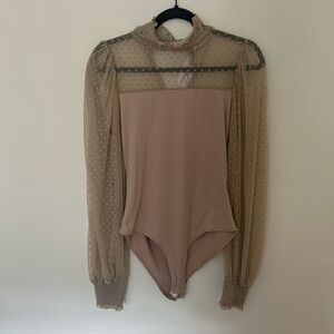 NWT Bohemian Beige Sheer Sleeved Bodysuit Size L